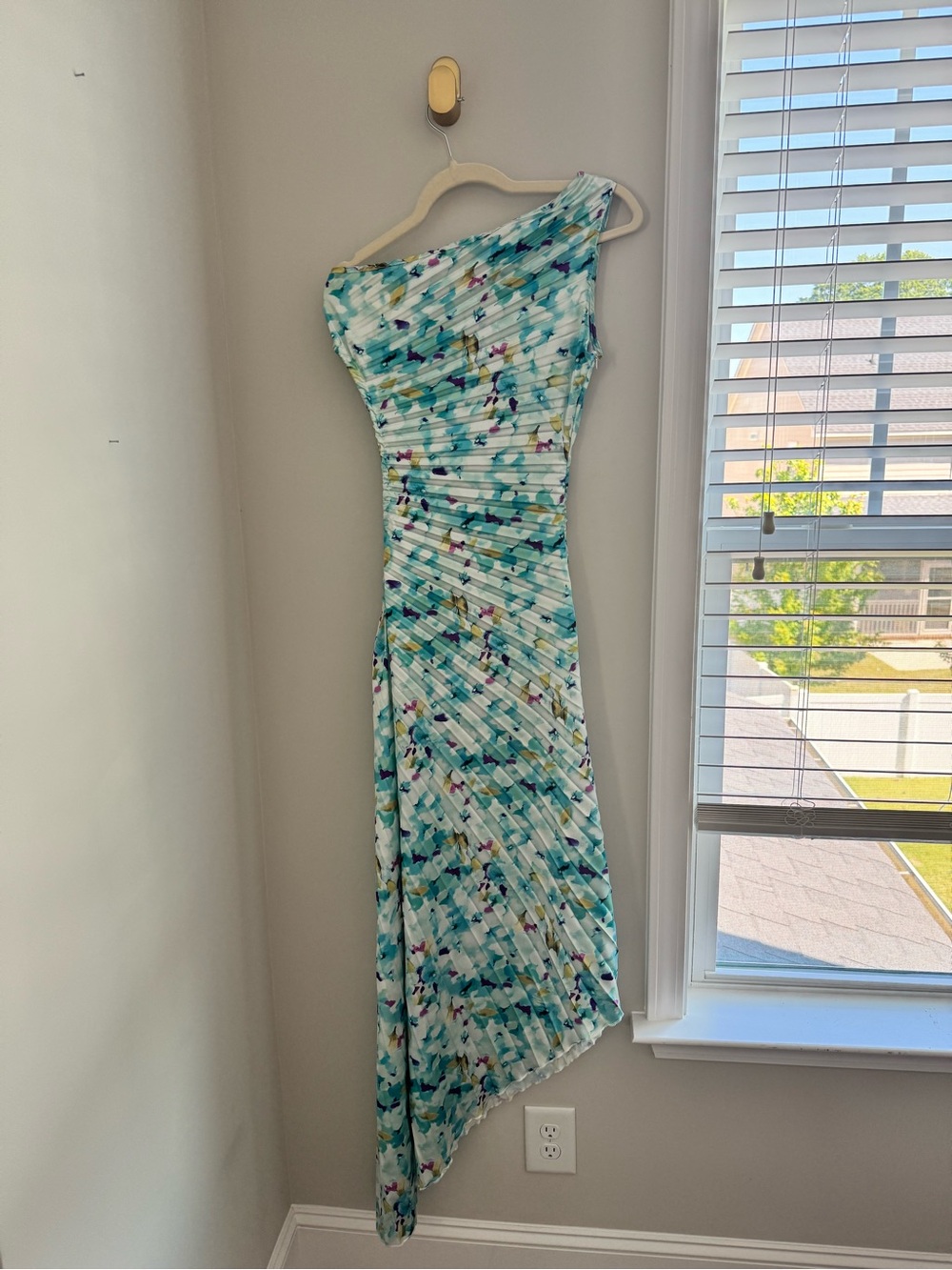 Amazon One-Shoulder Aqua Multi Floral Pleated Maxi Dress